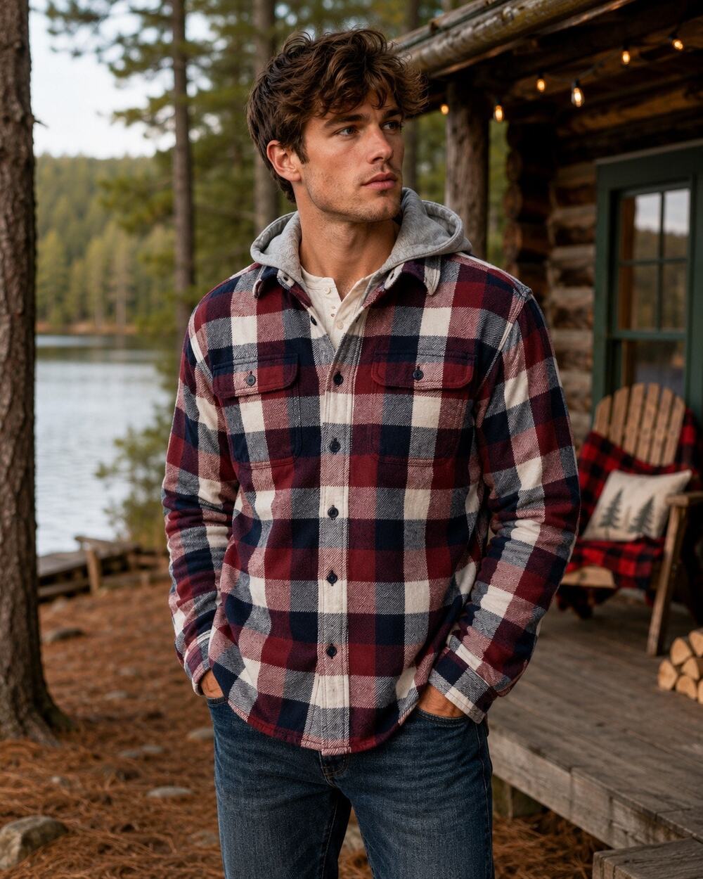 American Eagle Hooded Flannel Shirt Red Blue Plaid Heavyweight Cotton Shacket S